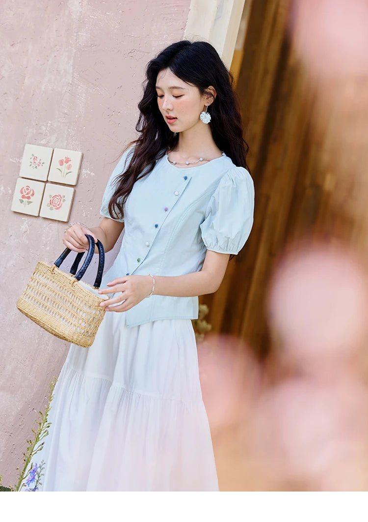 MISHOW Bubble Sleeve Blouse Irregular Placket Rainbow Buttons MXE34X1782