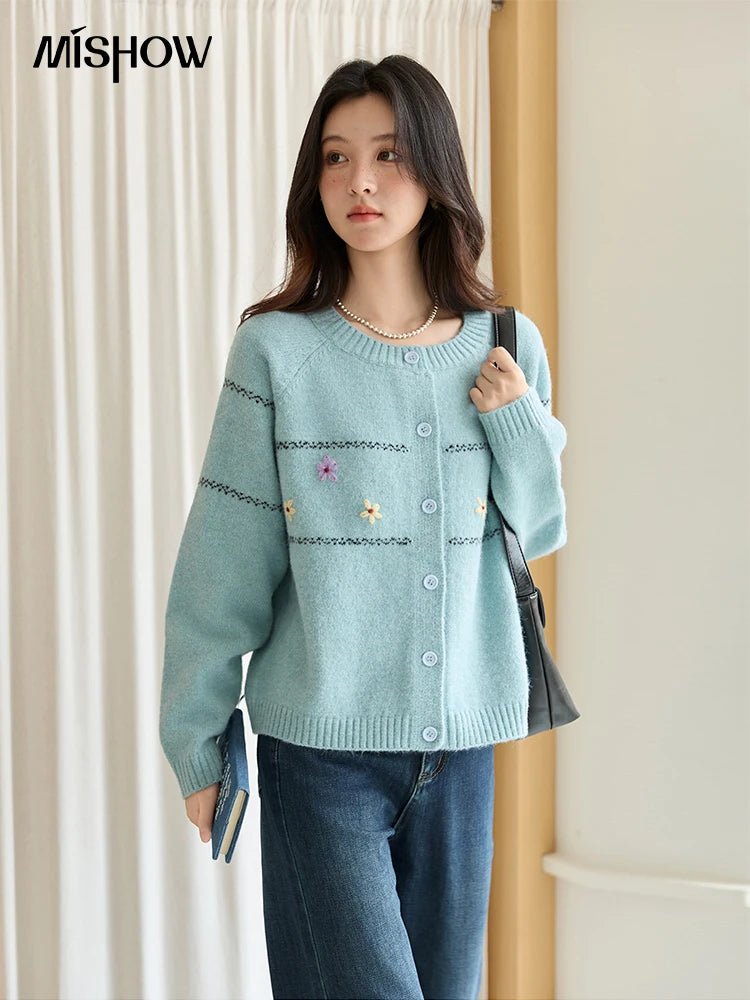 Mishow Blue Flower Embroidered Loose Cardigan MXE46Z2581