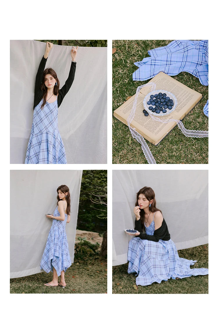 Mishow Blue Plaid Sleeveless A-Line Dress MXE33L2260