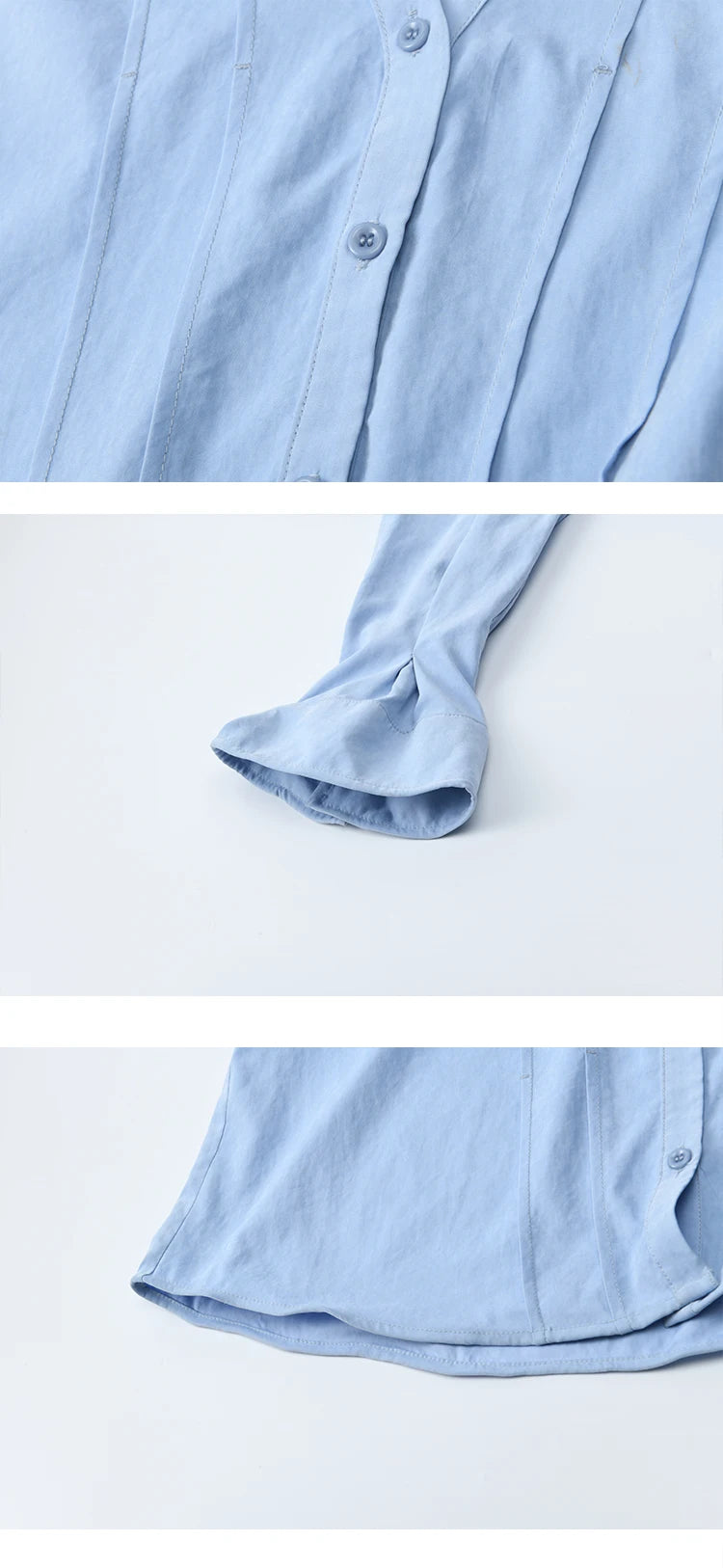 MISHOW Blue Peach Skin Velvet Shirt Lapel V-Neck Pleated Cuffs MXE44C2392
