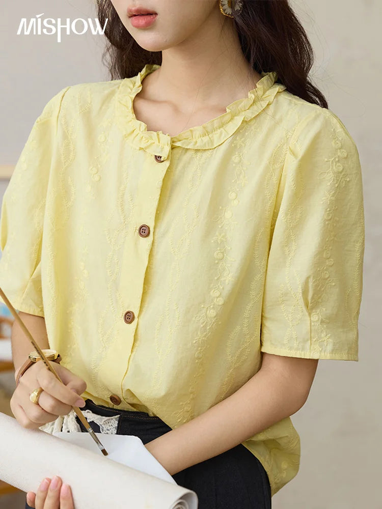 MISHOW 100% Cotton Puff Sleeve Shirt Round Neck Button MXE36X1873