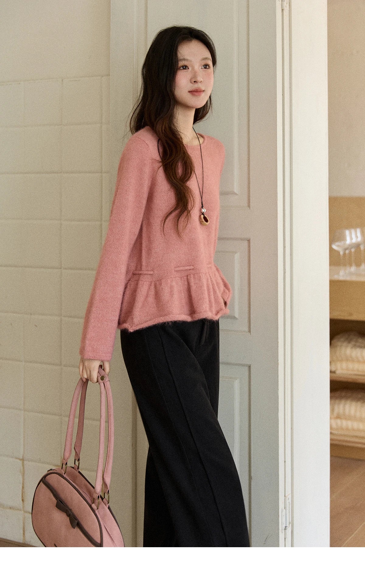 Mishow French Pink Ruffled Hem Pullover with Drawstring Belt MXE90Z2824