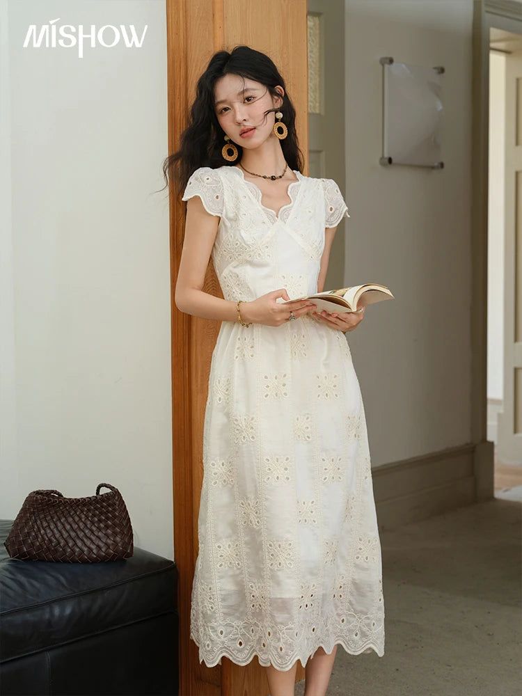 Mishow Flying Sleeve V-Neck Hollow Embroidered Dress MXE39L2404
