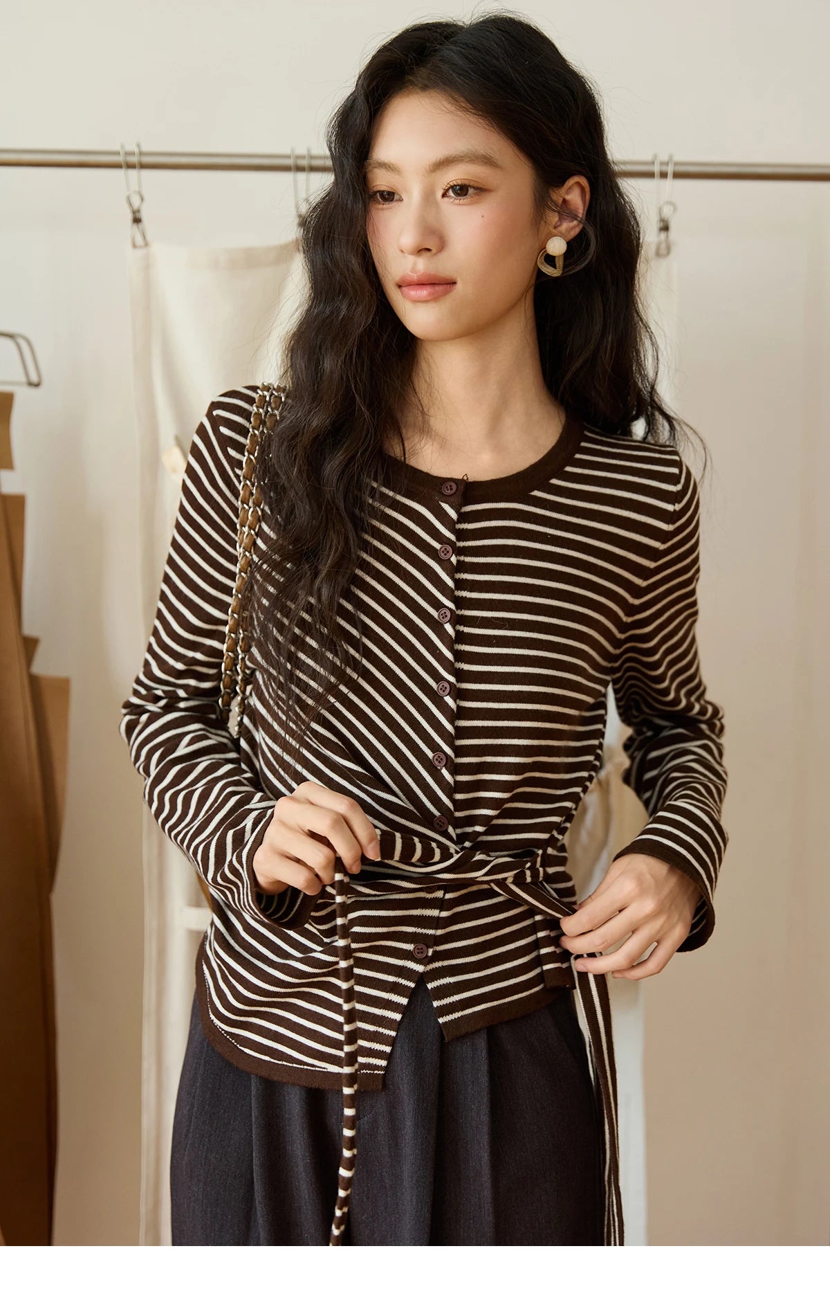Mishow Coffee Striped Knitted Cardigan Sweater MXE46Z2537