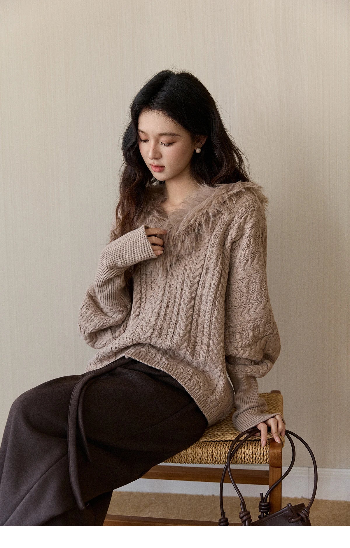 Mishow Faux Fur Collar Batwing Cable Knit Pullover MXE94Z2985