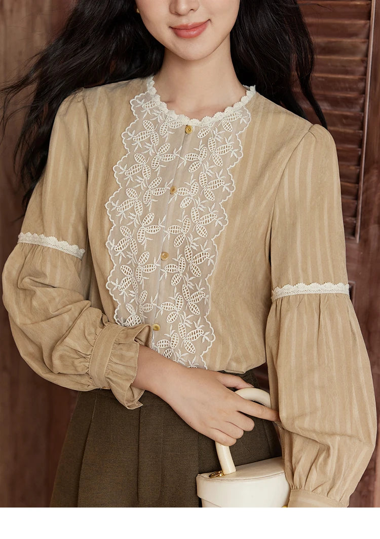 MISHOW Mesh Embroidery Blouse Lace Collar Lantern Sleeve MXD47X1664