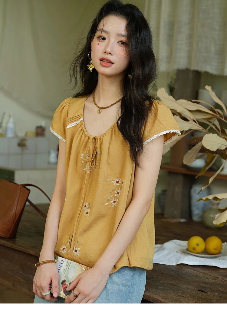 MISHOW Embroidery Flower Blouse O-Neck Lace Up Flying Sleeve MXE39X1880