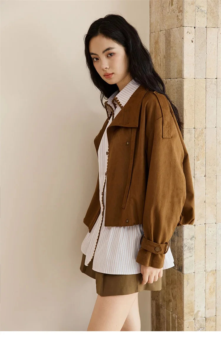 MISHOW Vintage Suede Short Jacket Brown Lapel Zipper MXE45W0869