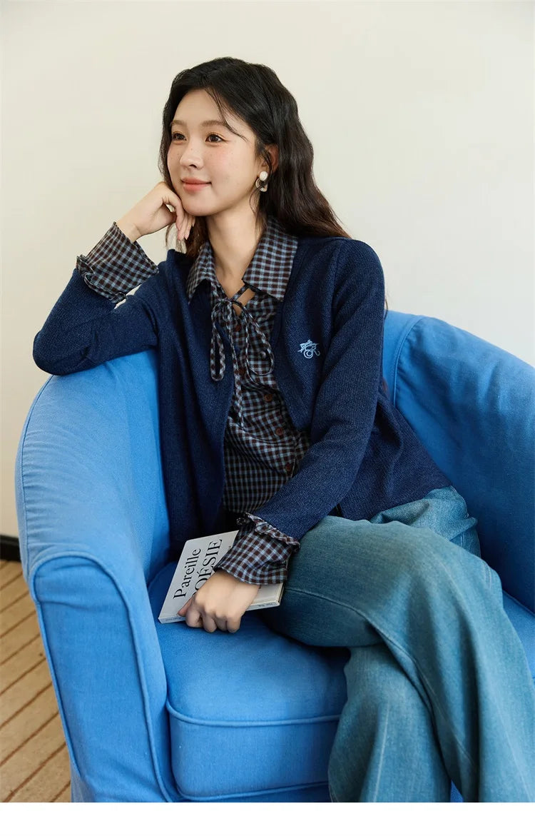 MISHOW Fake Two Knitted Sweater Plaid Splicing Flare Sleeve MXE45Z1401