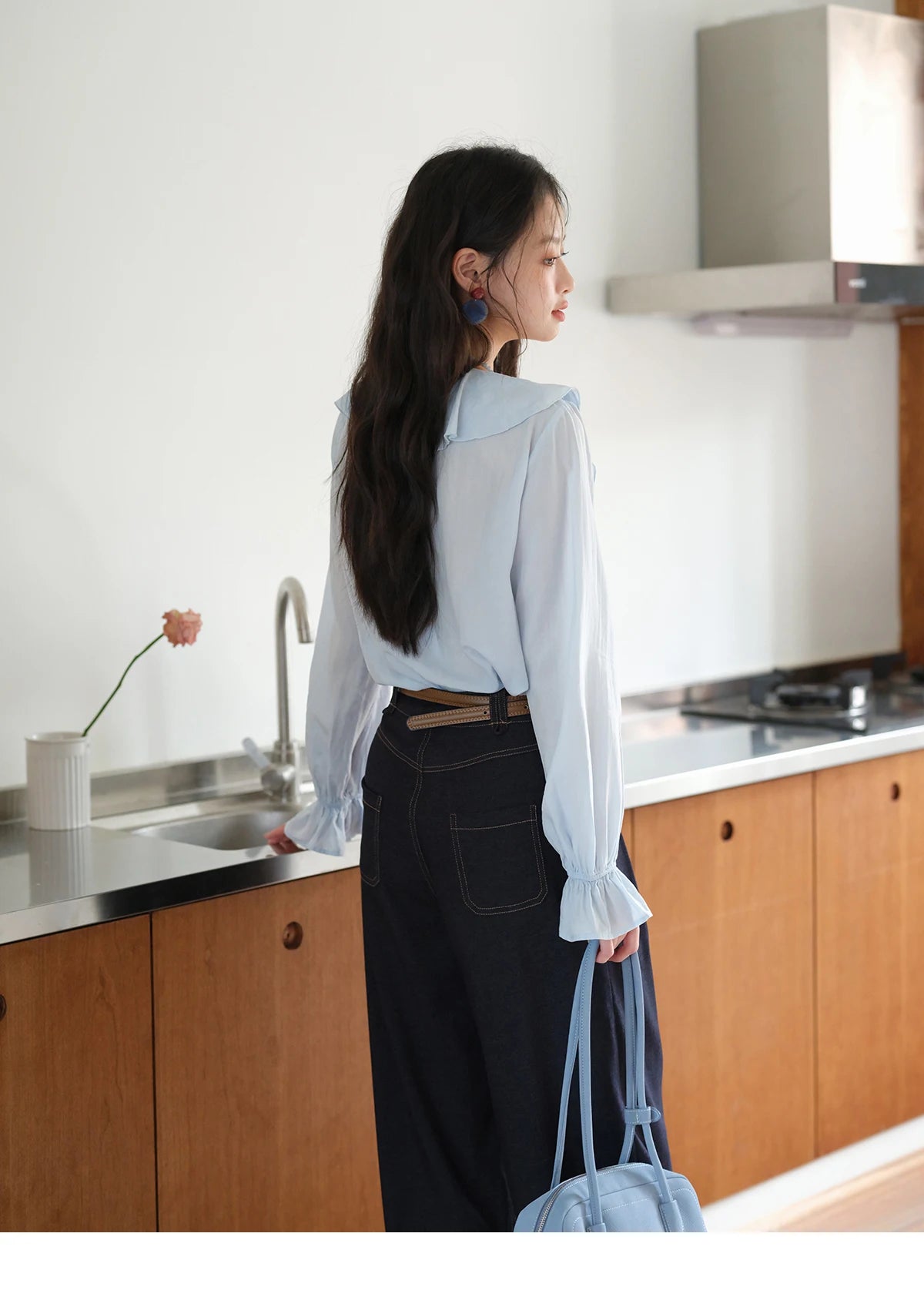MISHOW Blue Lyocell Ruffled Shirt Flared Sleeves MXE41X1969