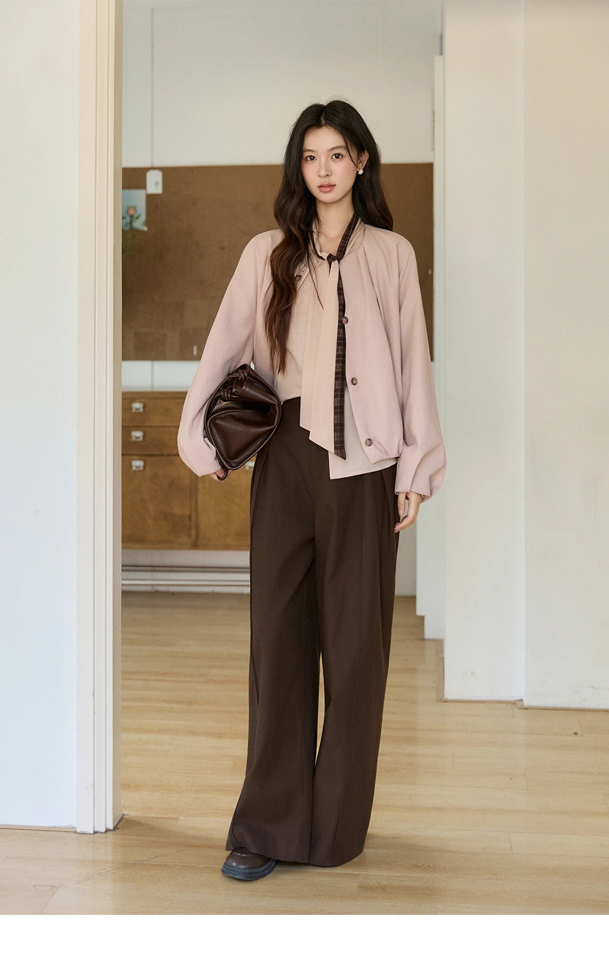 MISHOW Dusty Pink Shirt Plaid Tie Neck Lantern Sleeve MXF108C0817