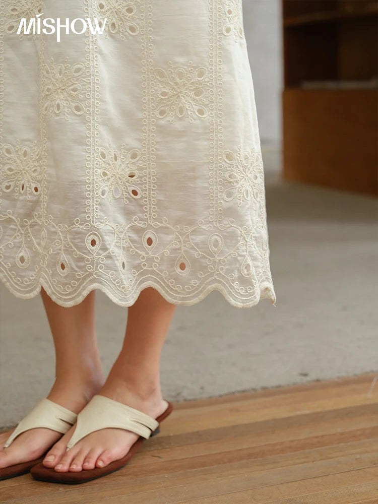 Mishow Flying Sleeve V-Neck Hollow Embroidered Dress MXE39L2404