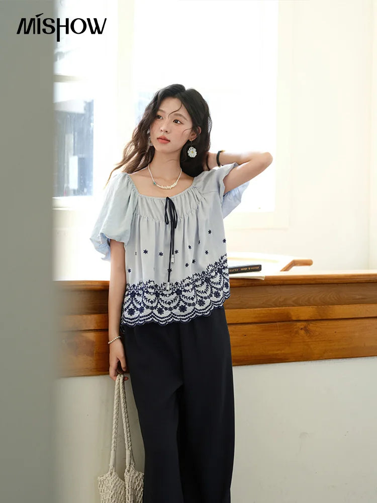 MISHOW Blue Print Blouse Square Neck Lace Up Puff Sleeve MXE36X1799