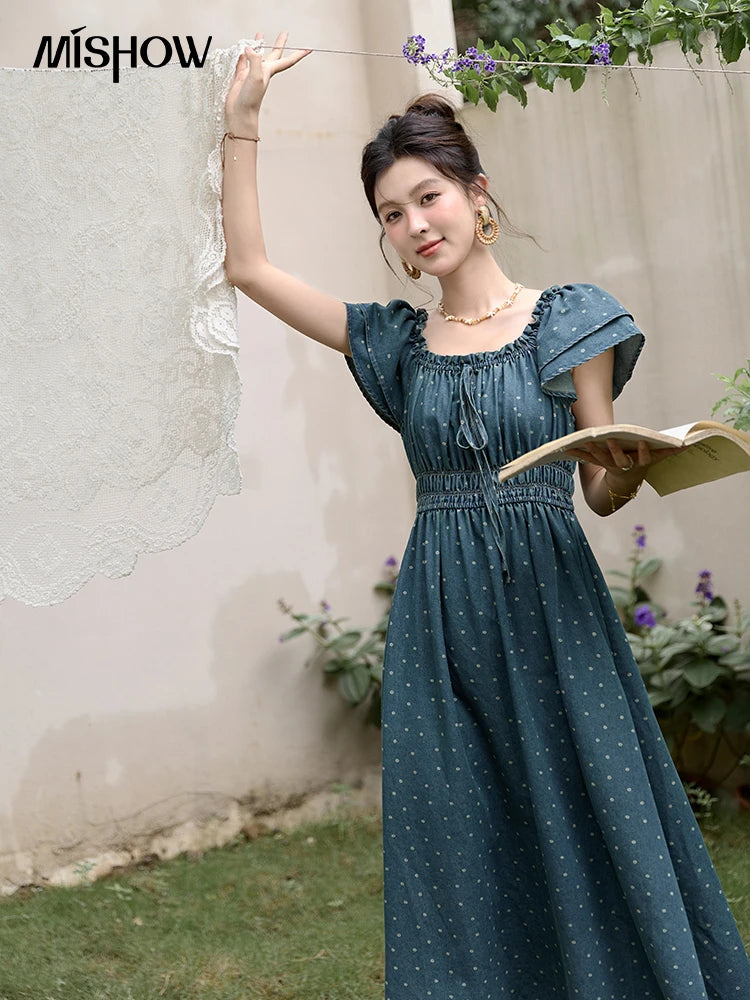 Mishow Polka Dot Flying Sleeve Lace-Up Denim Dress MXD30L2022