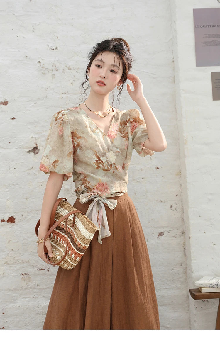 MISHOW French V-Neck Floral Puff Sleeve Blouse MXD28X1619