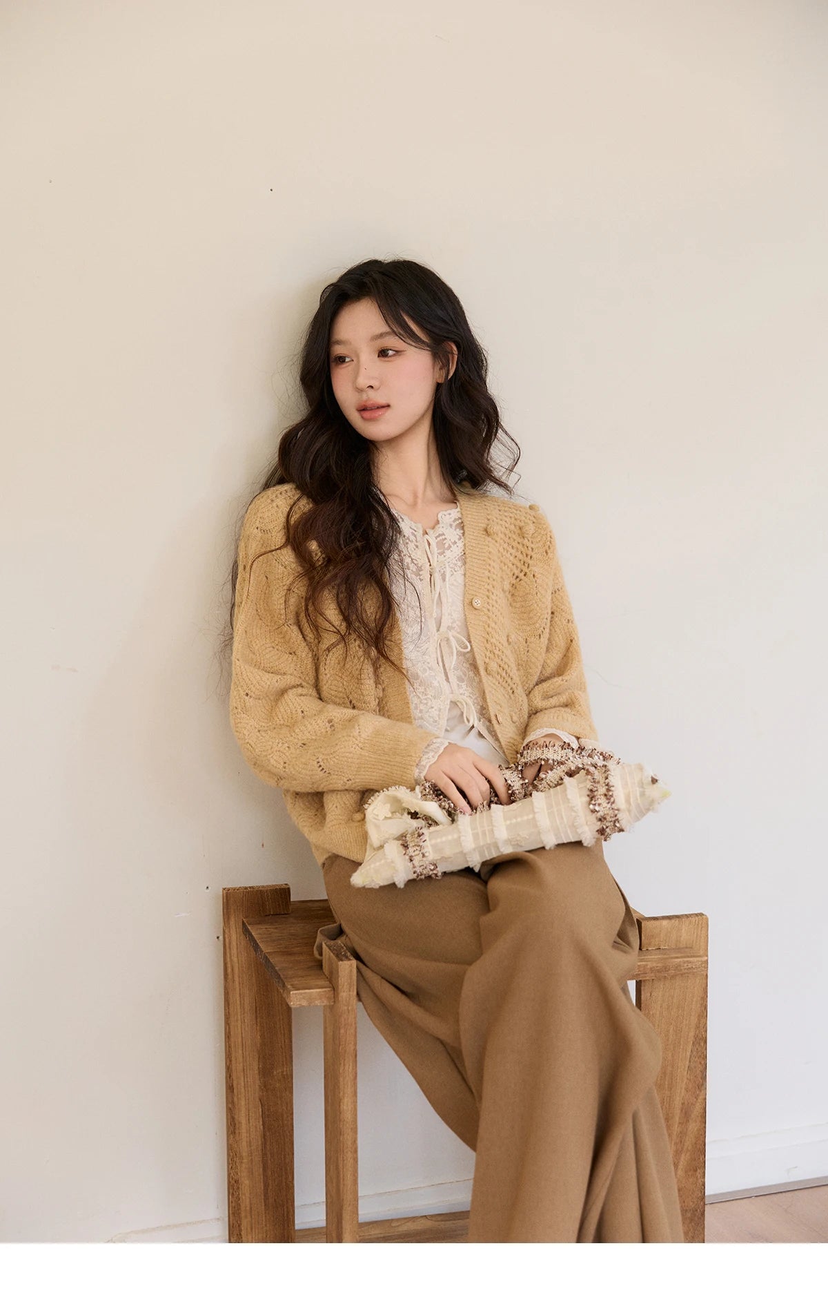 Mishow Hollow-out V-Neck Bobble Knit Cardigan MXF108Z1020