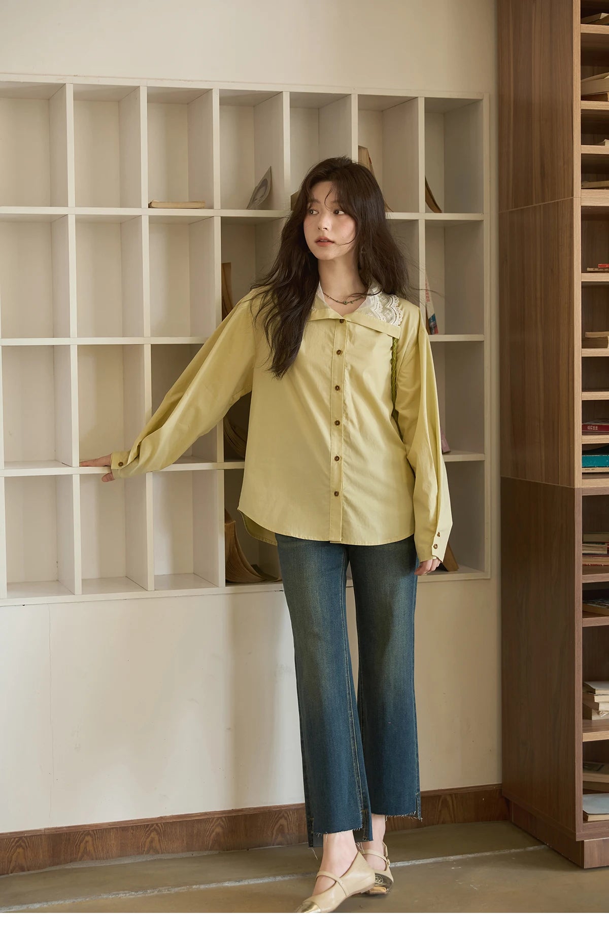 MISHOW Solid Cotton Shirt V-Neck Double Layer Lace MXE41C2366
