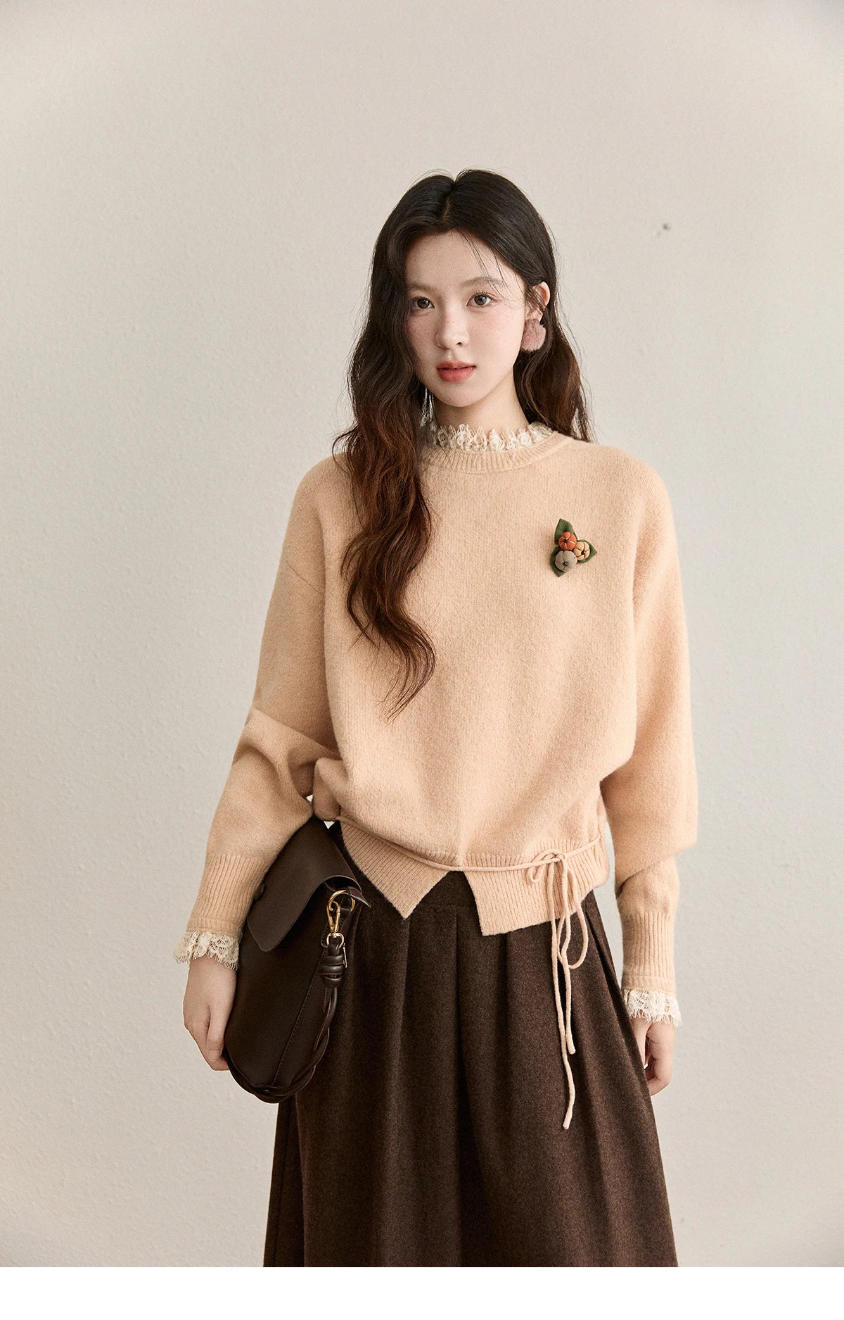 Mishow Lace Trim Knit Sweater & Back Split Midi Skirt Set MXE92T1450