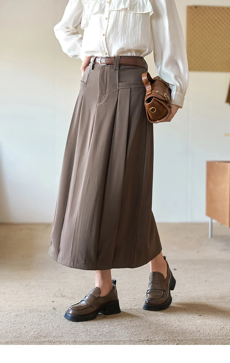 MISHOW Pleated Midi Skirt A-LINE Pockets Split Back Hem MXC42B0118