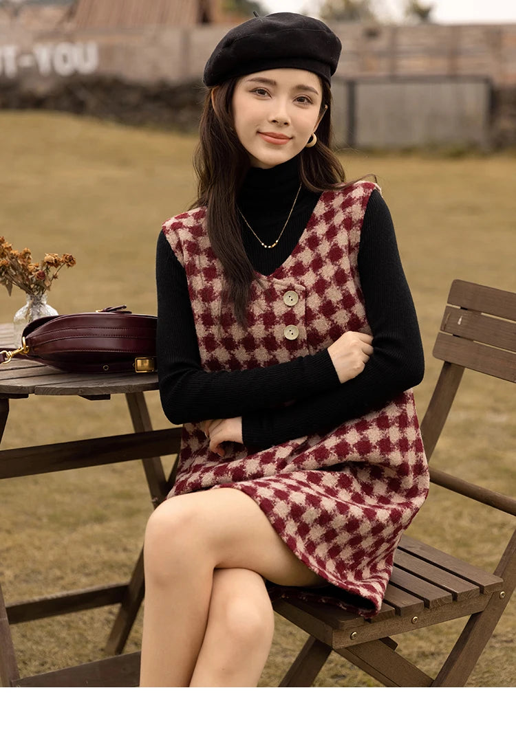Mishow Plaid V-Neck Sleeveless Woolen Vest Dress MXB47L1332