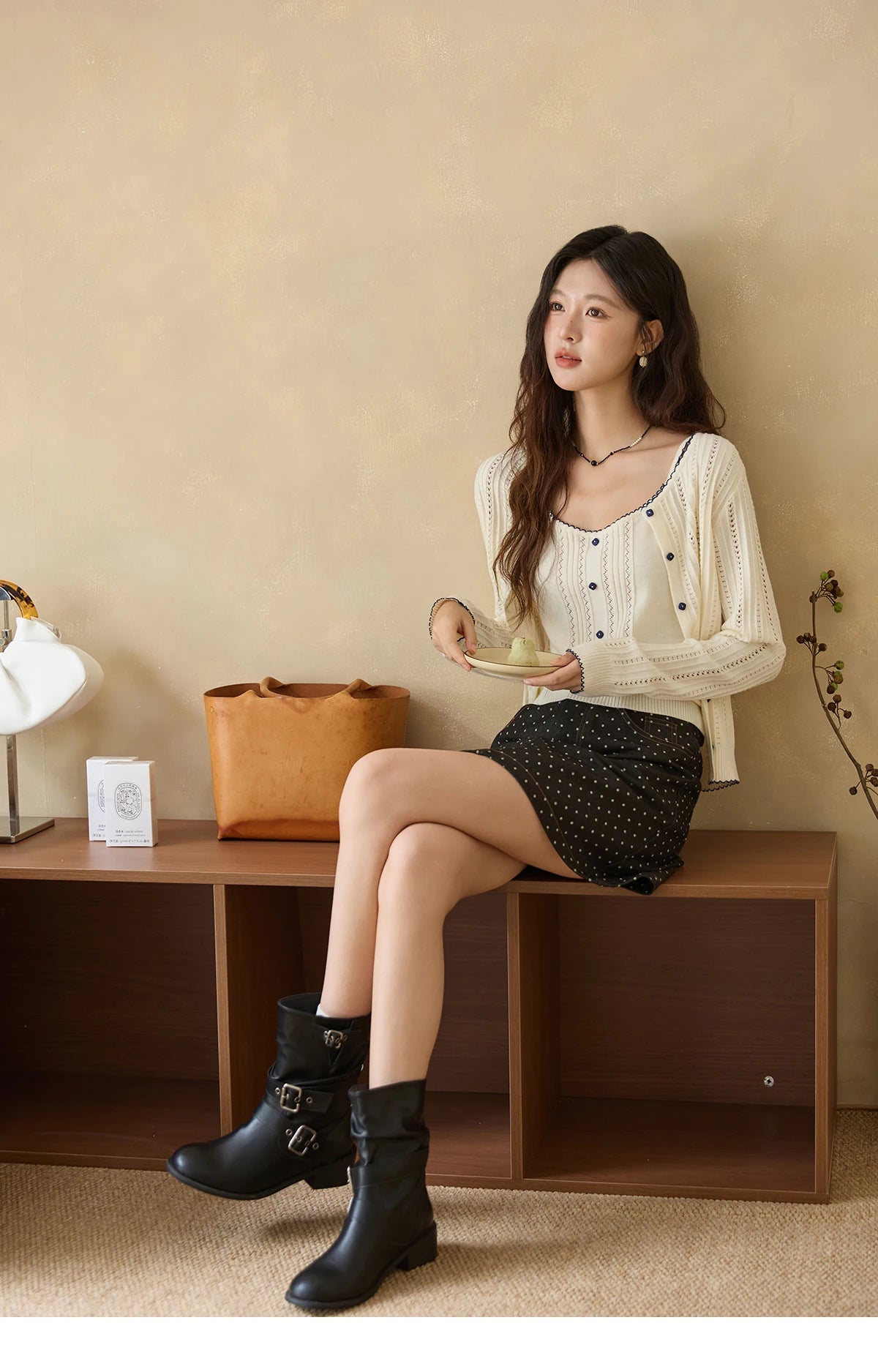 Mishow Apricot Knit Cardigan & Camisole Wool Set MXE43T0726