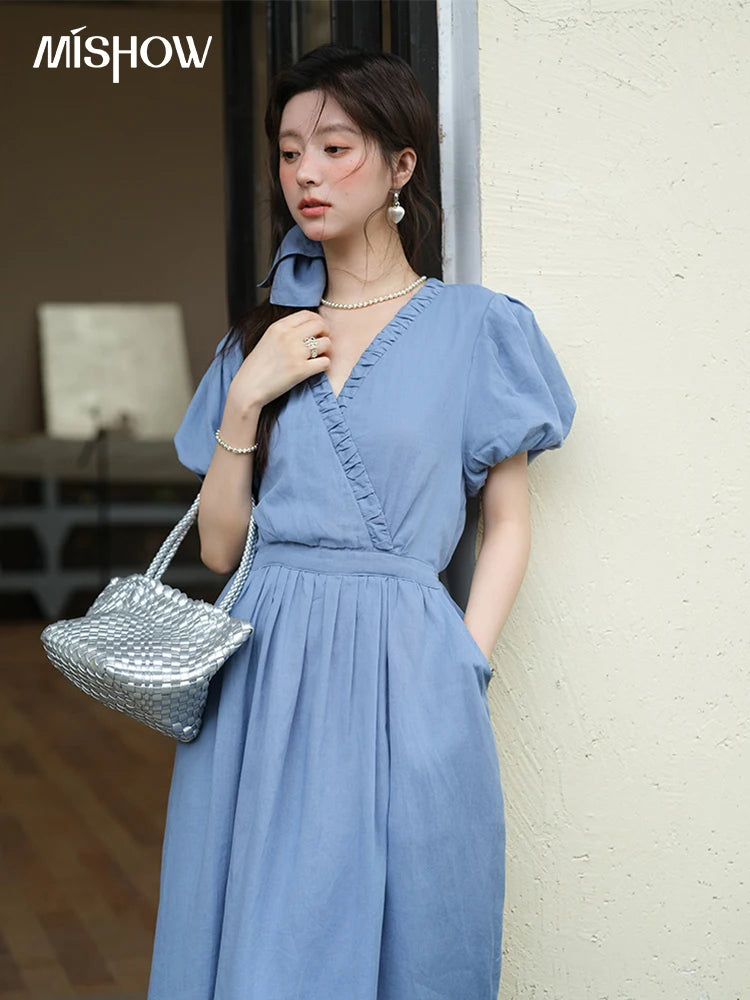 Mishow V-Neck Puff Sleeve Pocket Sash Dress MXE39L2381