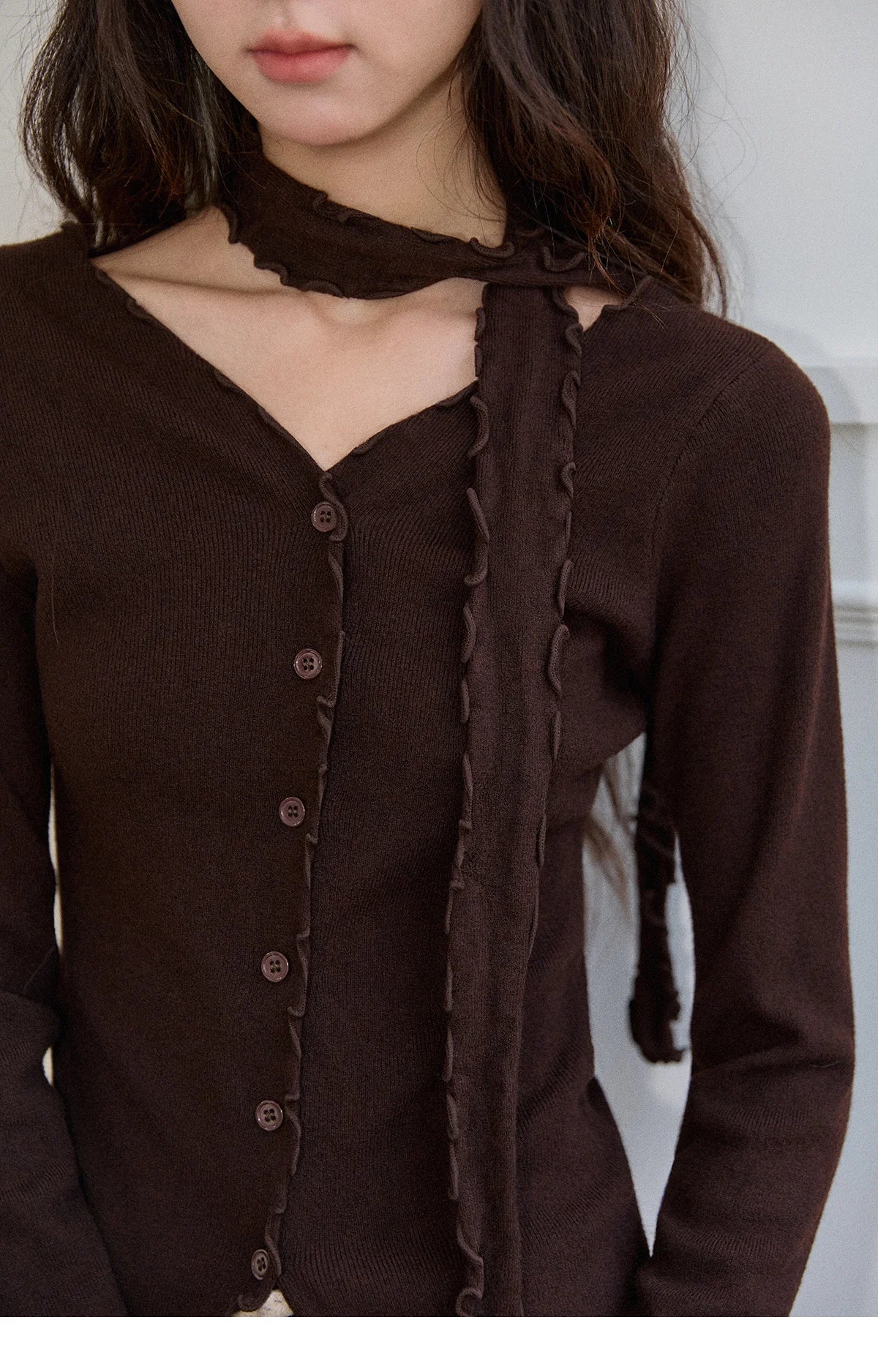 Mishow Ruffled Edge V-Neck Ribbon Knit Pullover MXE86Z2728