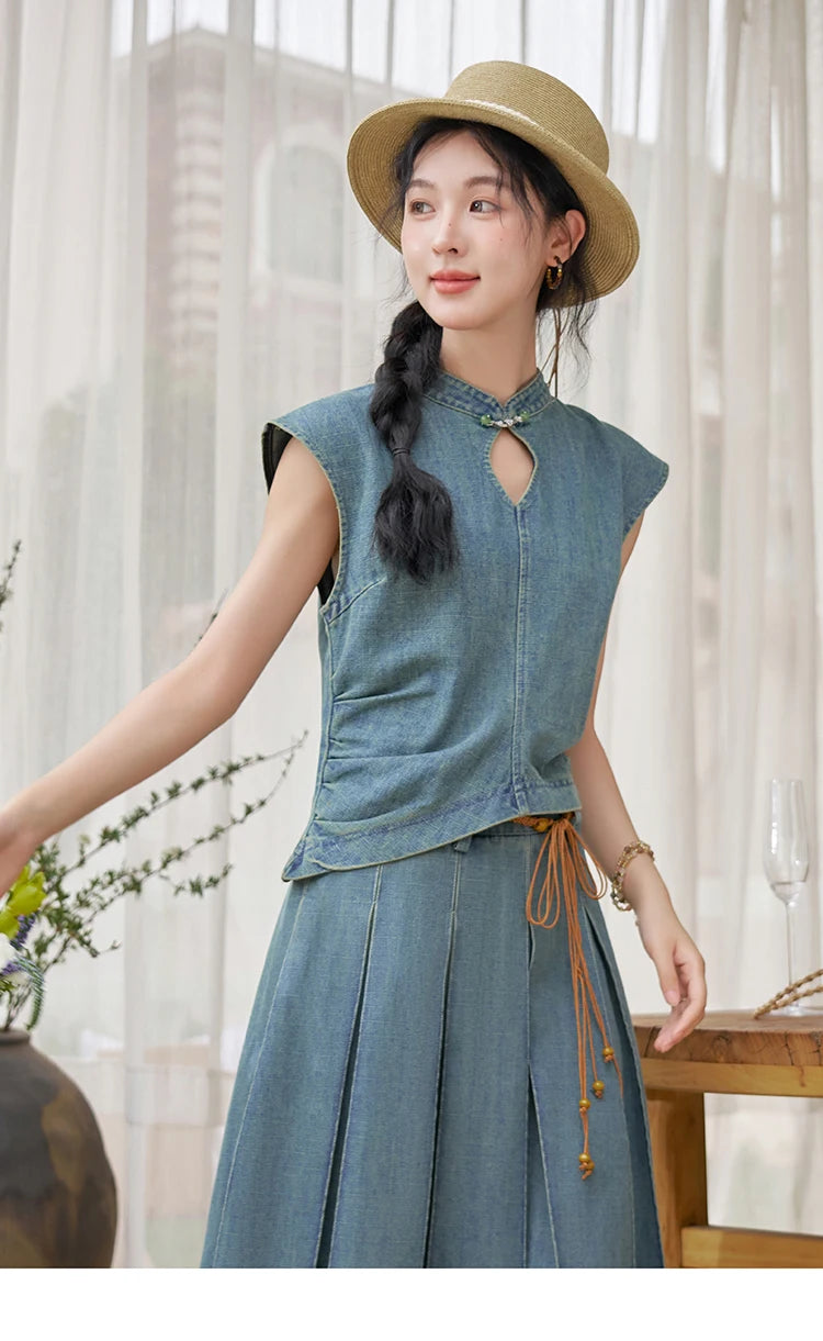Mishow Chinese Stand Collar Vest & Pleated Denim Skirt Set MXD21X1465