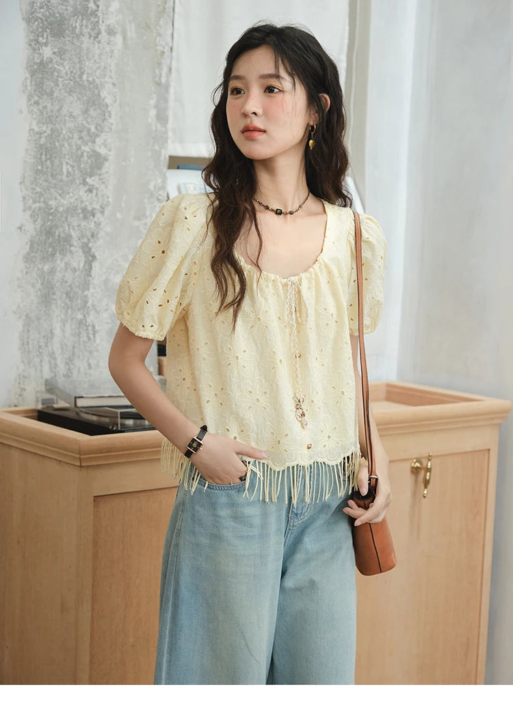 MISHOW Hollow Out Blouse Embroidery Puff Sleeve Square Collar Tassel MXE37X1851