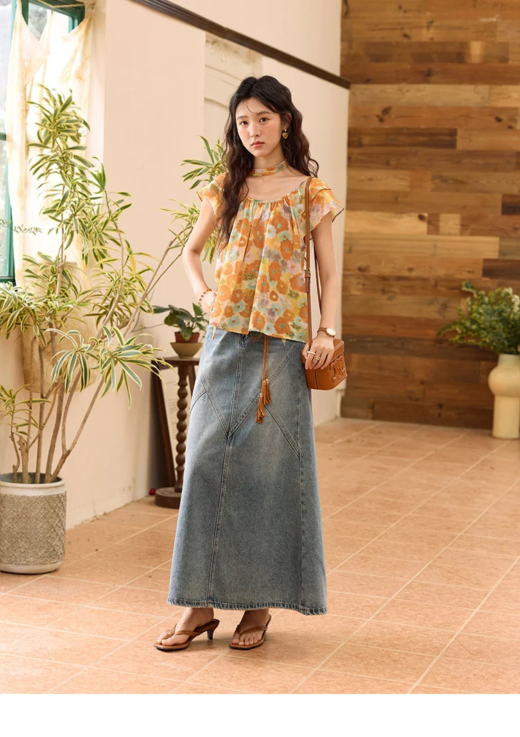 MISHOW Cotton Citrus Oil Painting Blouse Flying Sleeve MXE36X1872
