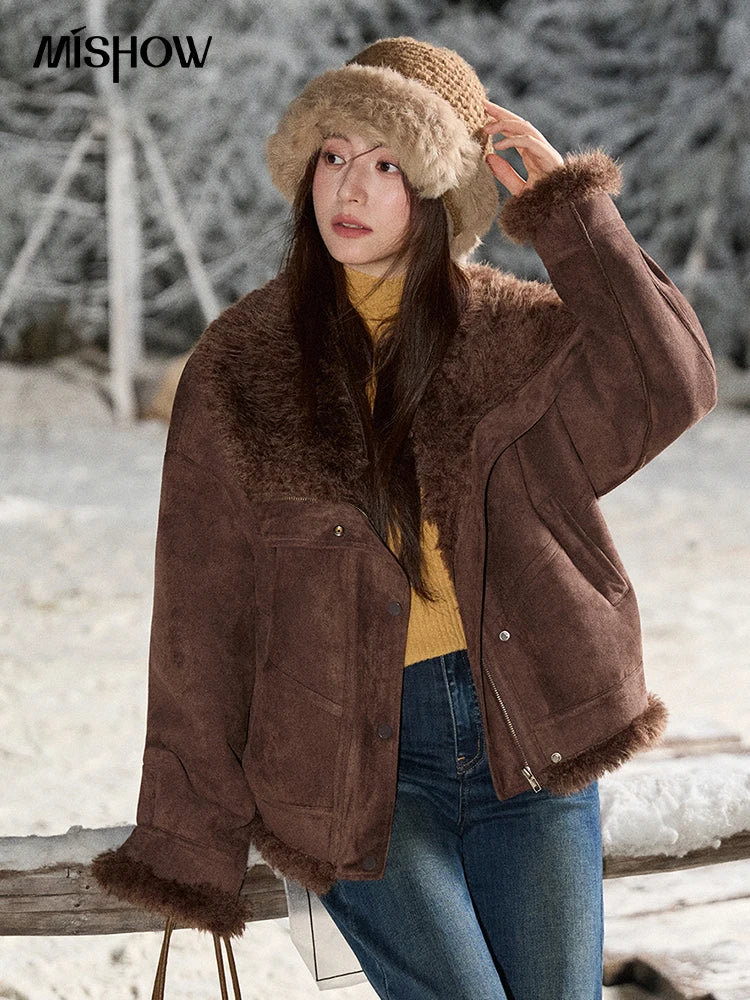 MISHOW Blue Plush Jacket Turn-Down Collar Zip-Up Loose MXE87W0917