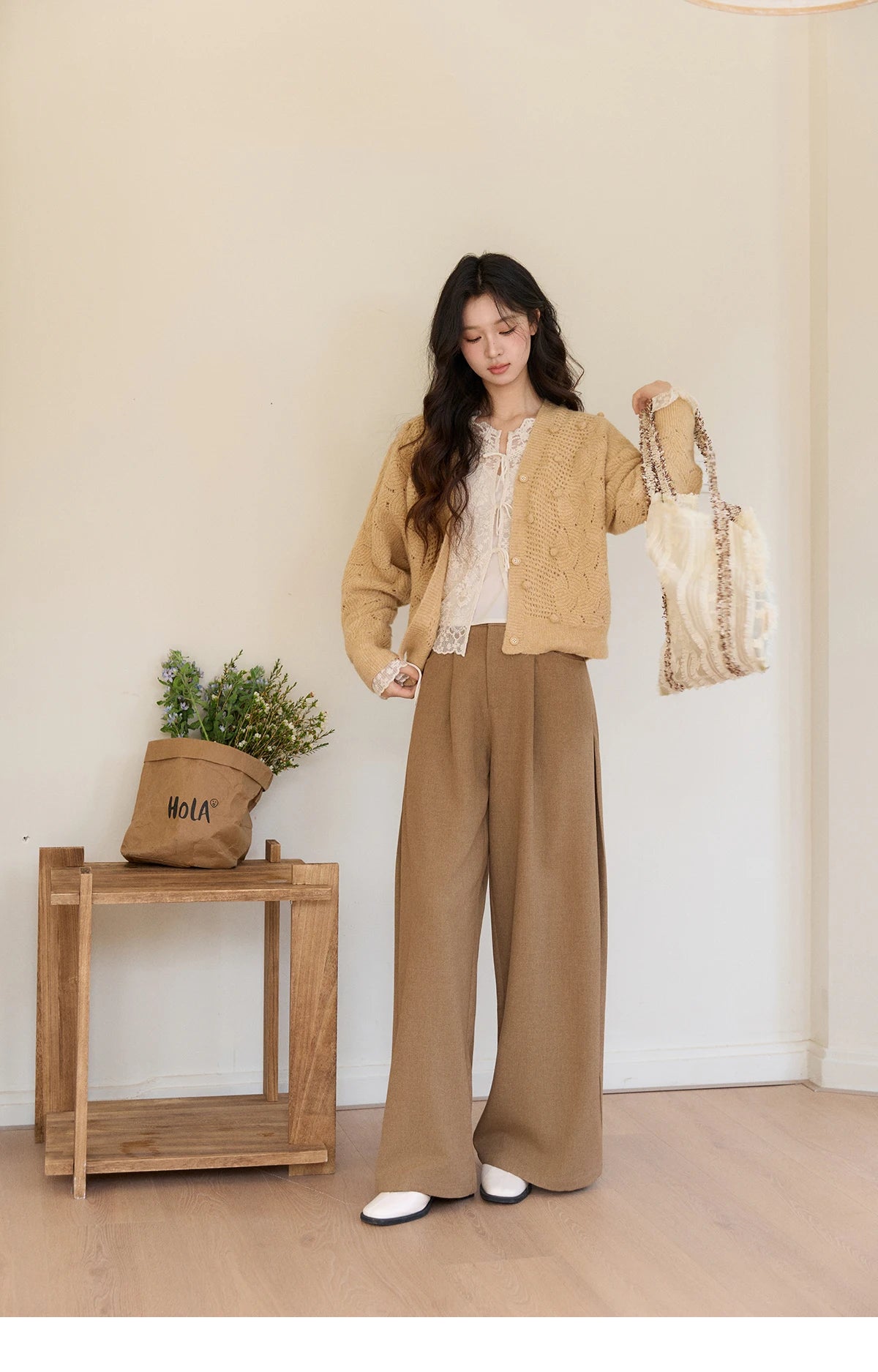 Mishow Hollow-out V-Neck Bobble Knit Cardigan MXF108Z1020