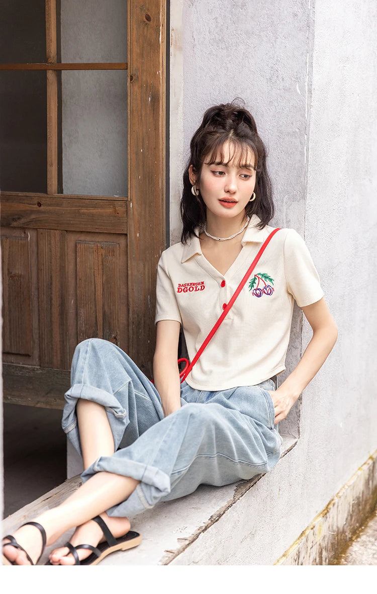 Mishow Korean Polo Collar Embroidery Letter Tee MXB32T0477