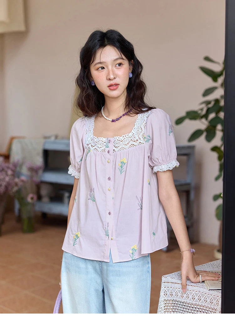 MISHOW Lace Patchwork Square Collar Blouse Puff Sleeve MXE36X1830