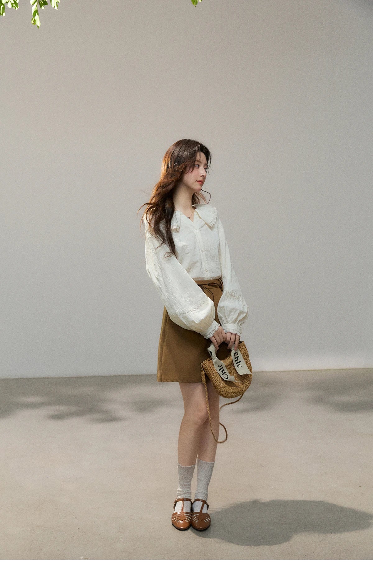 MISHOW Beige Lace Shirt Peter Pan Collar Micro Lantern Sleeve MXF108C0813