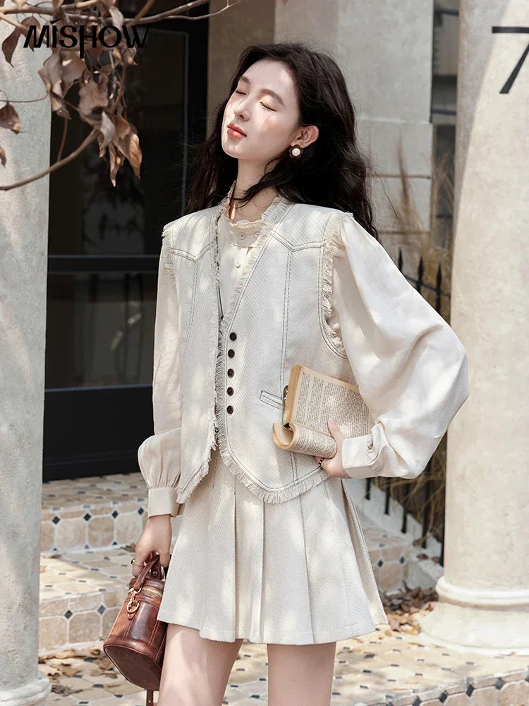 Mishow French Apricot Stand Collar Shirt & Pleated Mini Skirt Set MXD48C0365