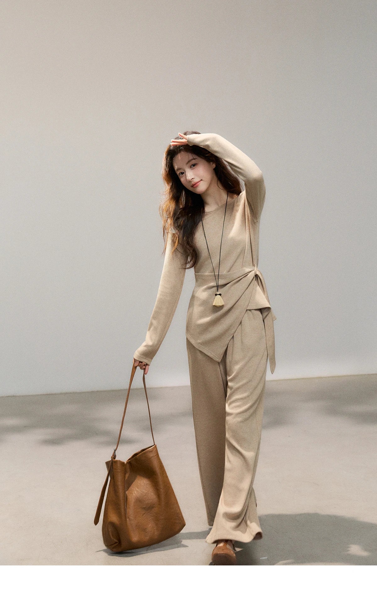 Mishow Khaki Asymmetrical Hem Top & Wide Leg Pants Set MXF11T1465