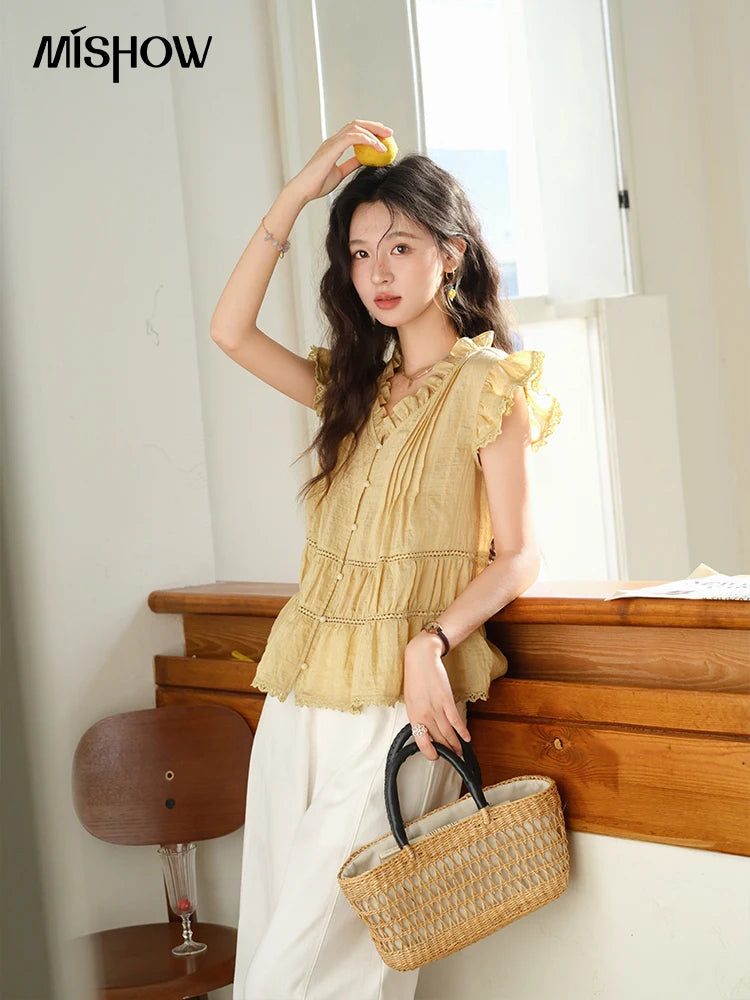 MISHOW Wood Ear V-Neck Shirt Flying Sleeve Wrinkle Spliced MXE37X1908