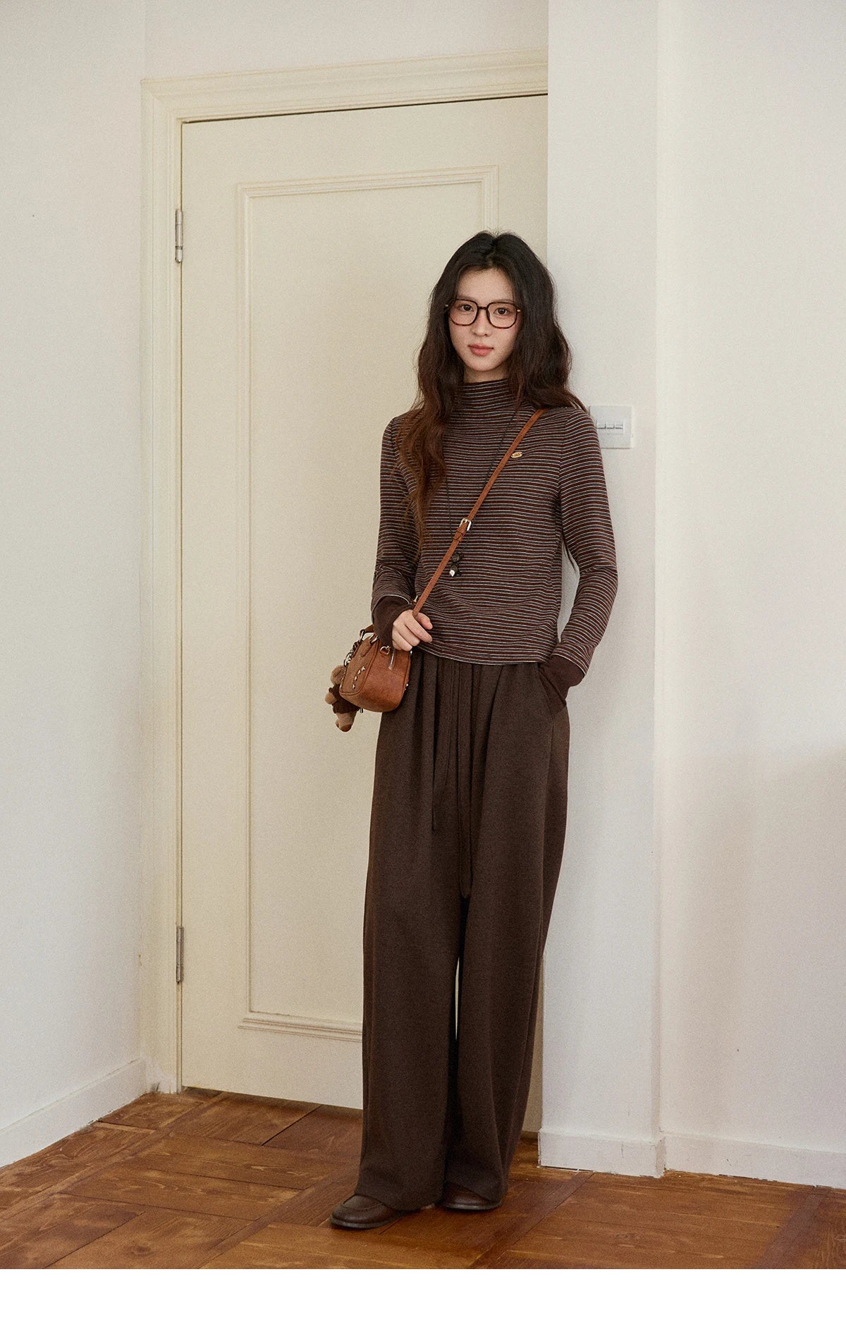 MISHOW Brown Wide-Leg Pants Thickened Drawstring Waistband MXE87K1126