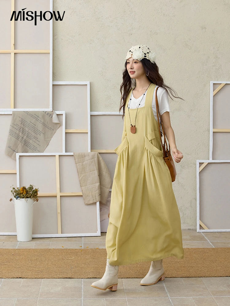 Mishow Lemon-Yellow Cargo Pocket Square Neck Dress MXE35L2302