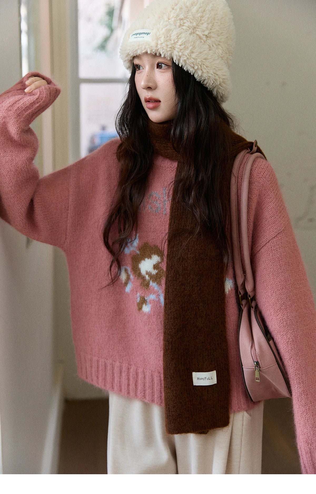 Mishow Pink Jacquard Crew Neck Pullover MXE91Z2831