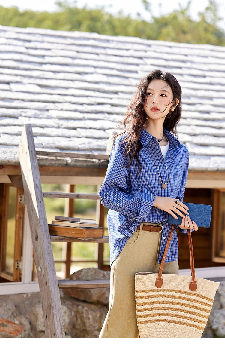 MISHOW Retro Blue Checkered Shirt Lapel Cotton Loose MXE11C0398