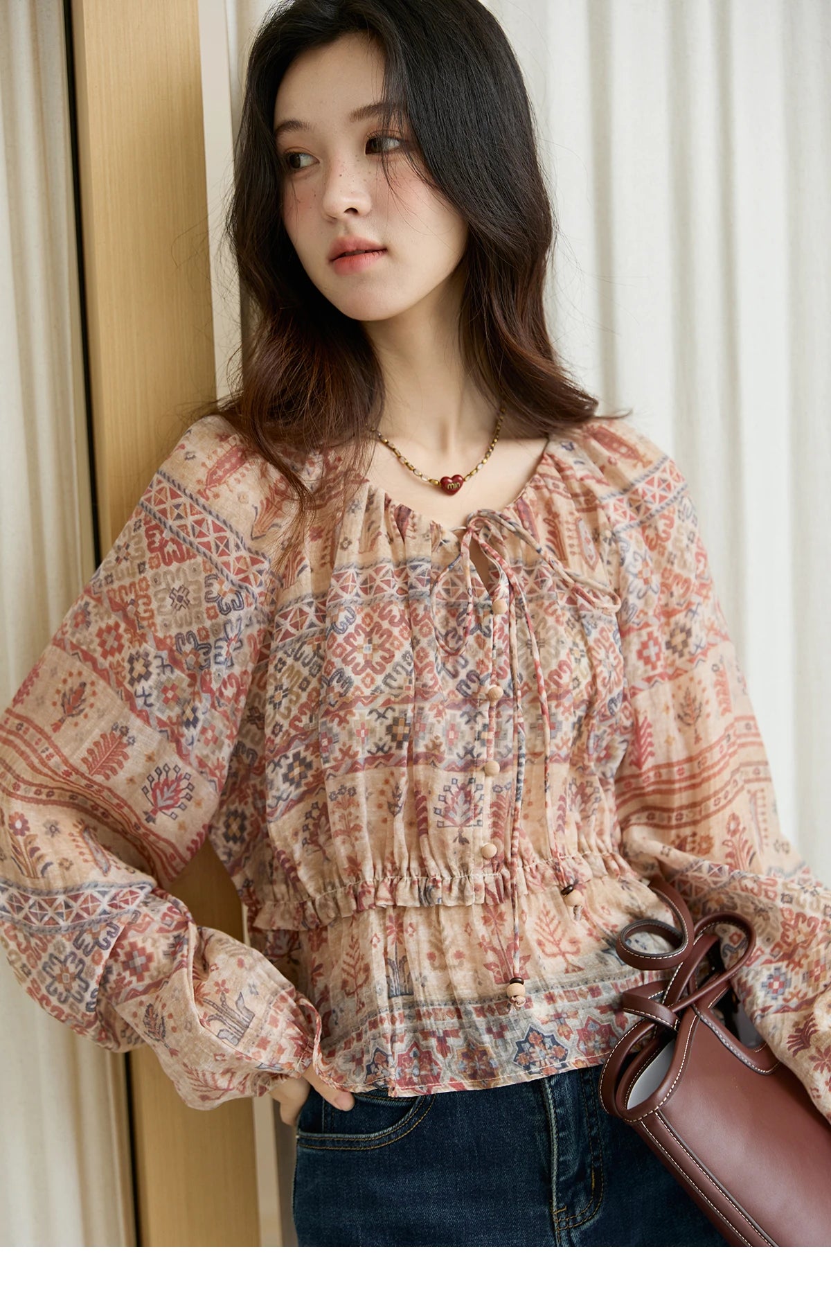 MISHOW National Style Printed Blouse Round Neck Drop Sleeve MXE47X2508