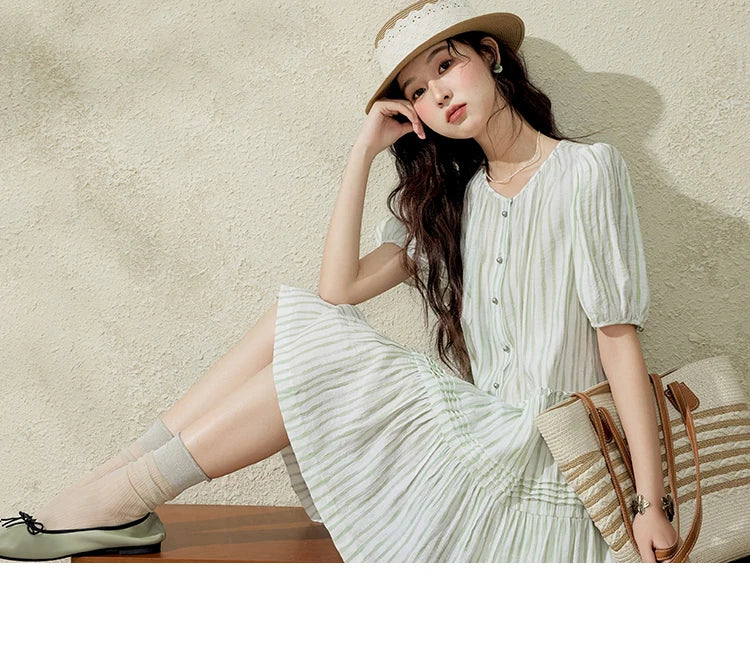 MISHOW French Green Striped Puff Sleeve Dress MXE15L2141