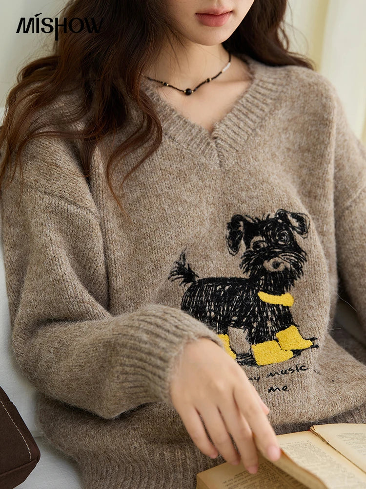 Mishow Puppy Embroidery V-Neck Loose Pullover MXE48Z2570