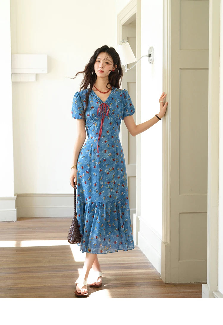 Mishow V-Neck Lace-Up Puff Sleeve Chiffon Dress MXE39L2401