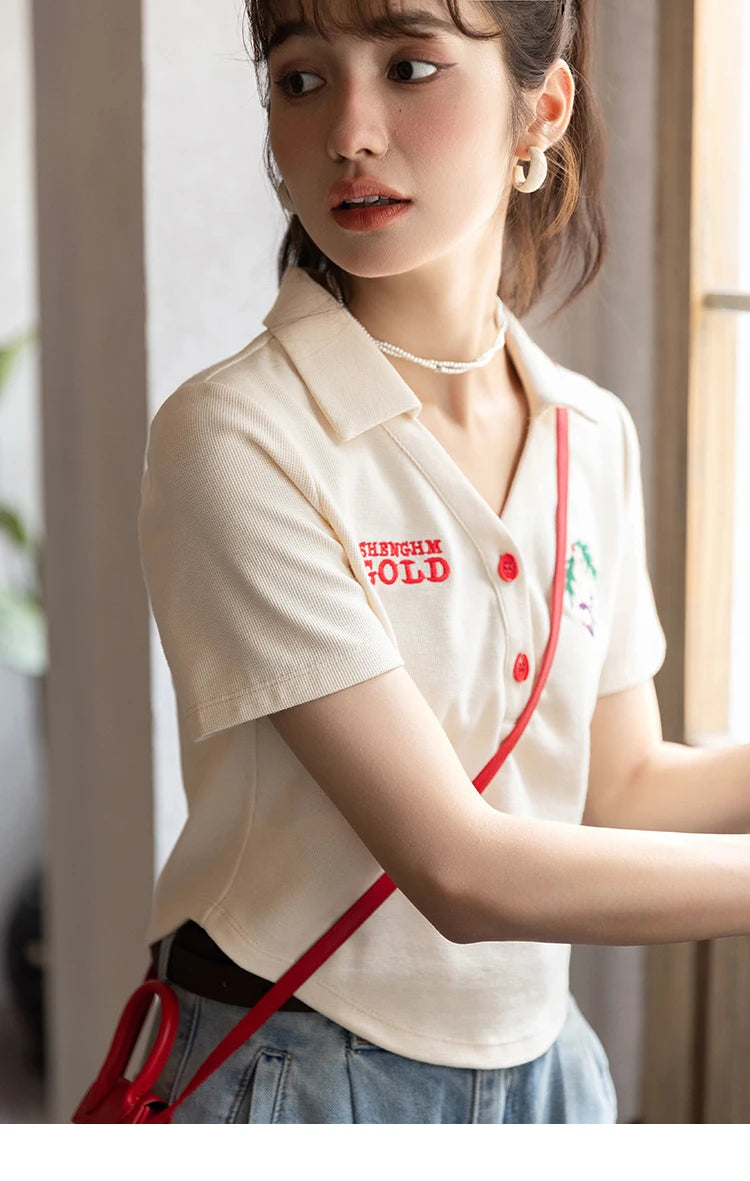 Mishow Korean Polo Collar Embroidery Letter Tee MXB32T0477