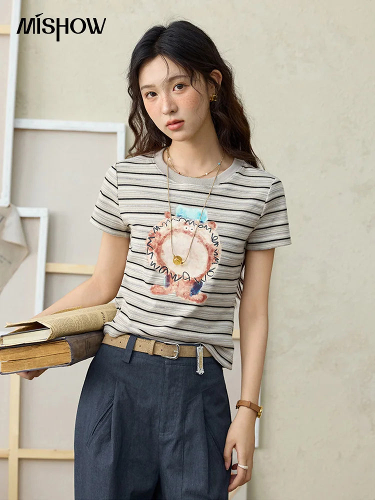Mishow Striped Pufferfish Print Cotton Tee MXE32T0538