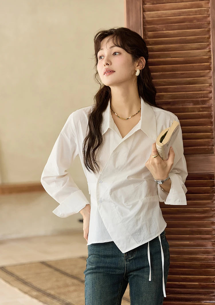 MISHOW French Side Placket Asymmetric Shirt Pleated Waist Lapel MXD45C0357