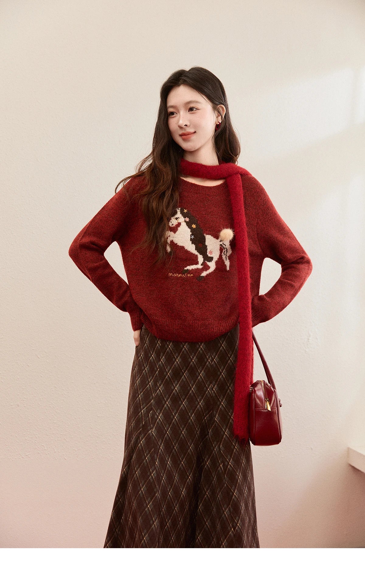 Mishow Christmas Red Jacquard Pony Sweater MXE94Z2861